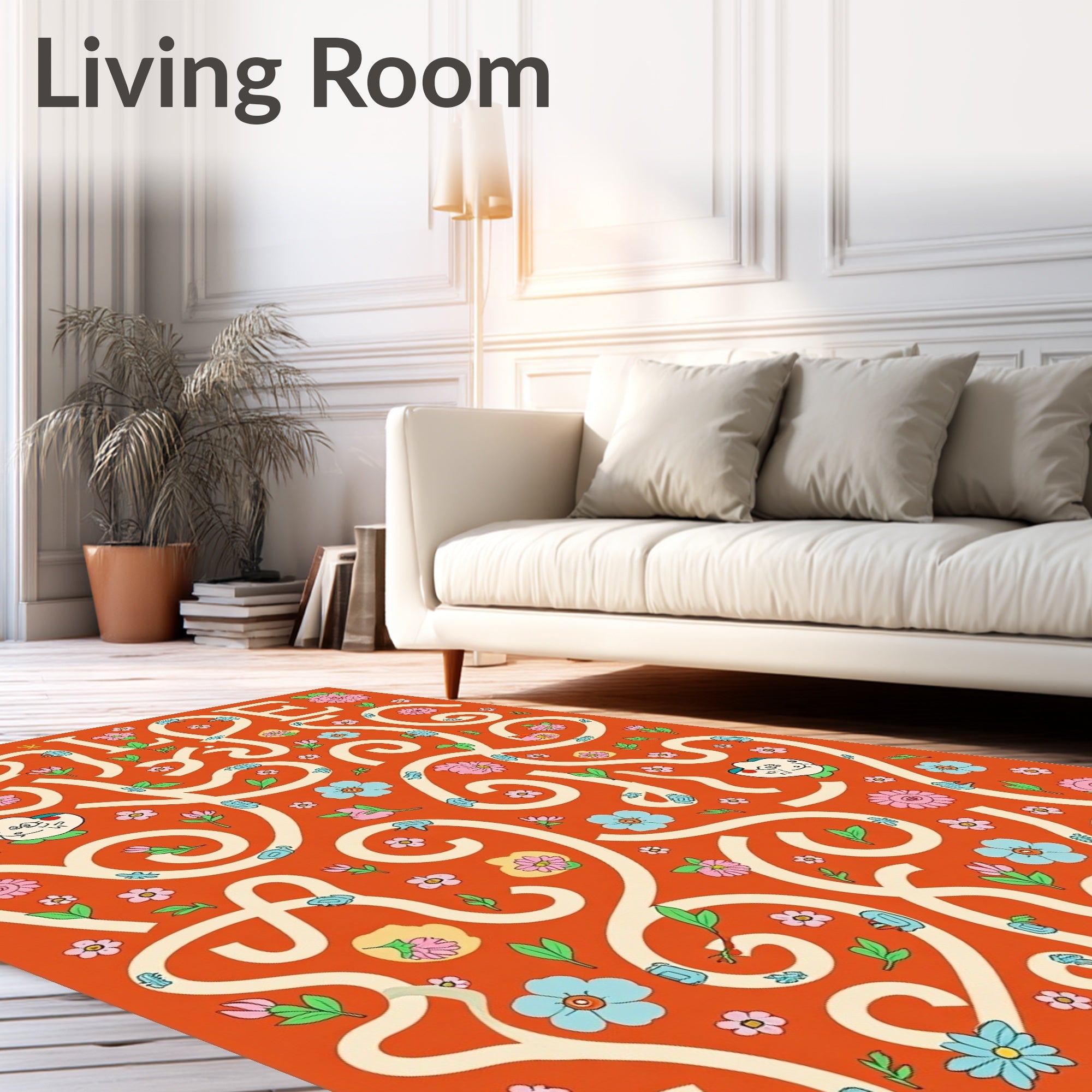 Orange Floral And Whimsical Faces Rug