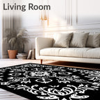 Black White Ornate Floral Medallion Design Rug