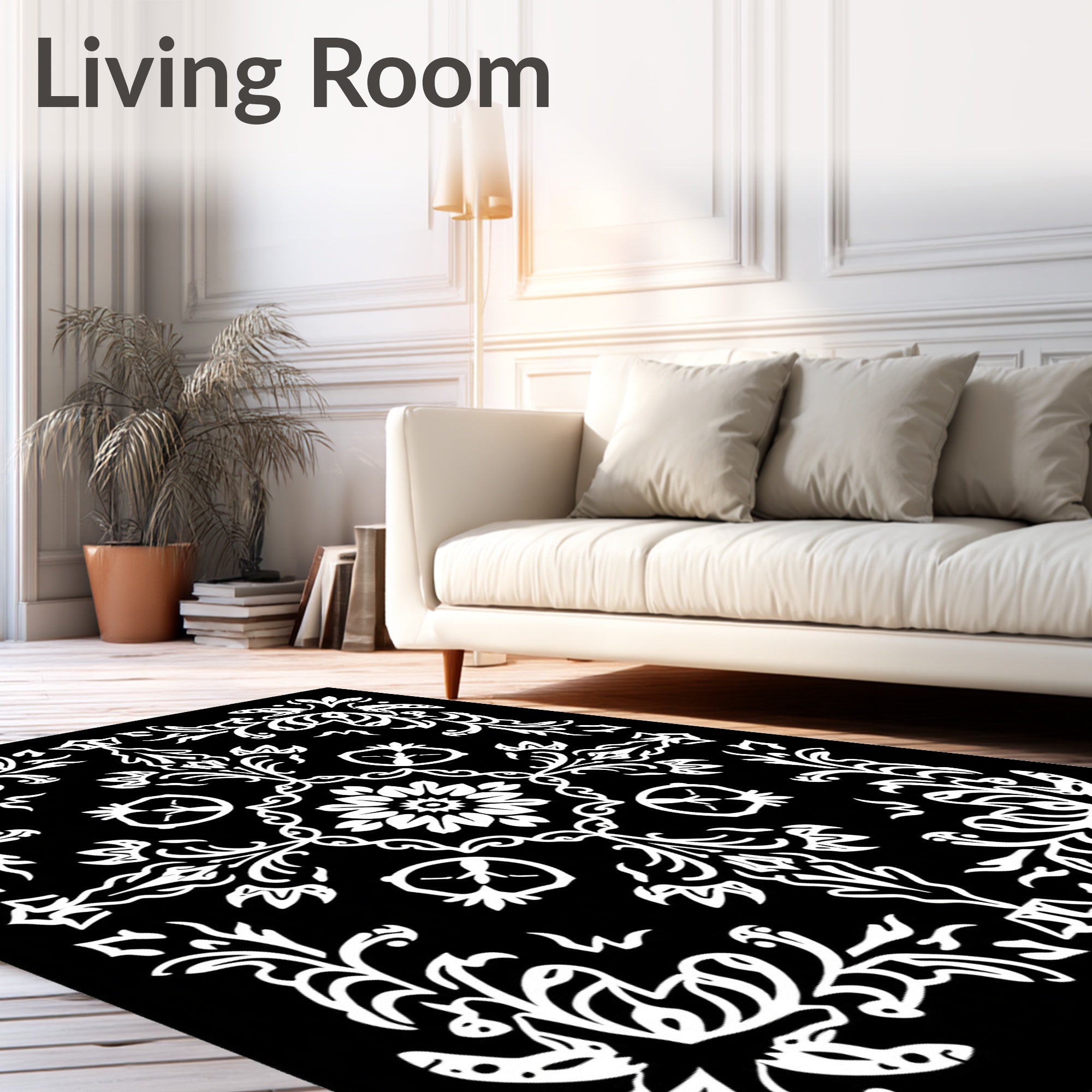 Black White Ornate Floral Medallion Design Rug