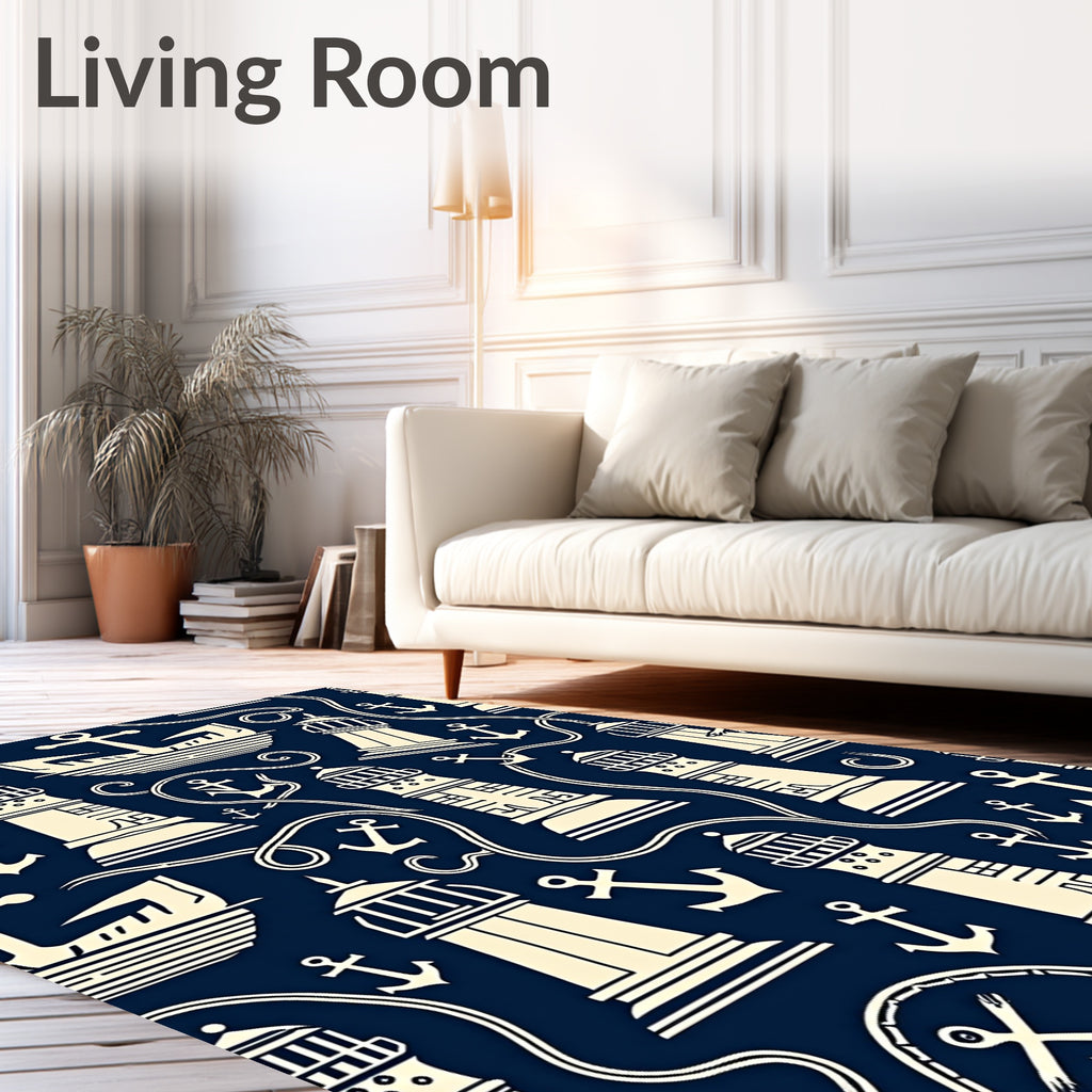 Navy Cream Nautical Lighthouses Anchors Rug