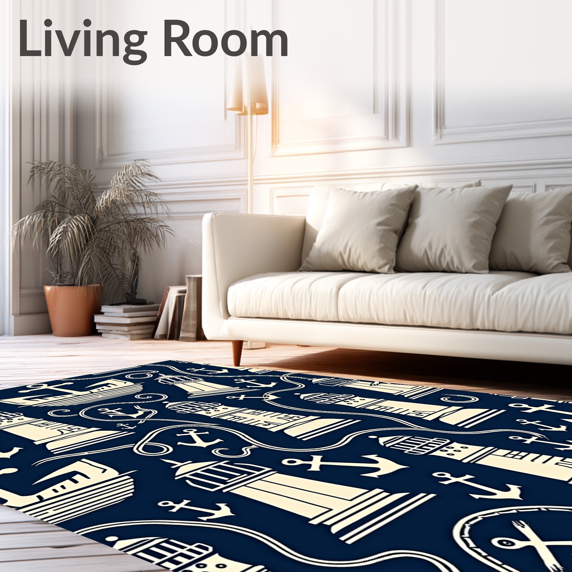 Navy Cream Nautical Lighthouses Anchors Rug