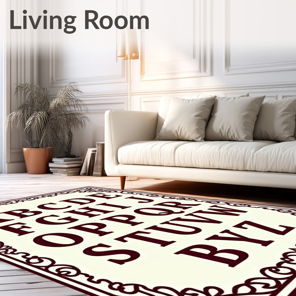 Burgundy Alphabet Within Ornate Border Rug