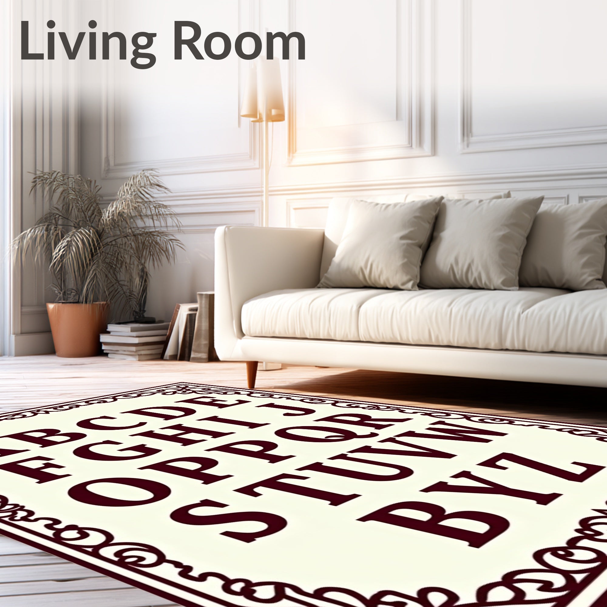 Burgundy Alphabet Within Ornate Border Rug