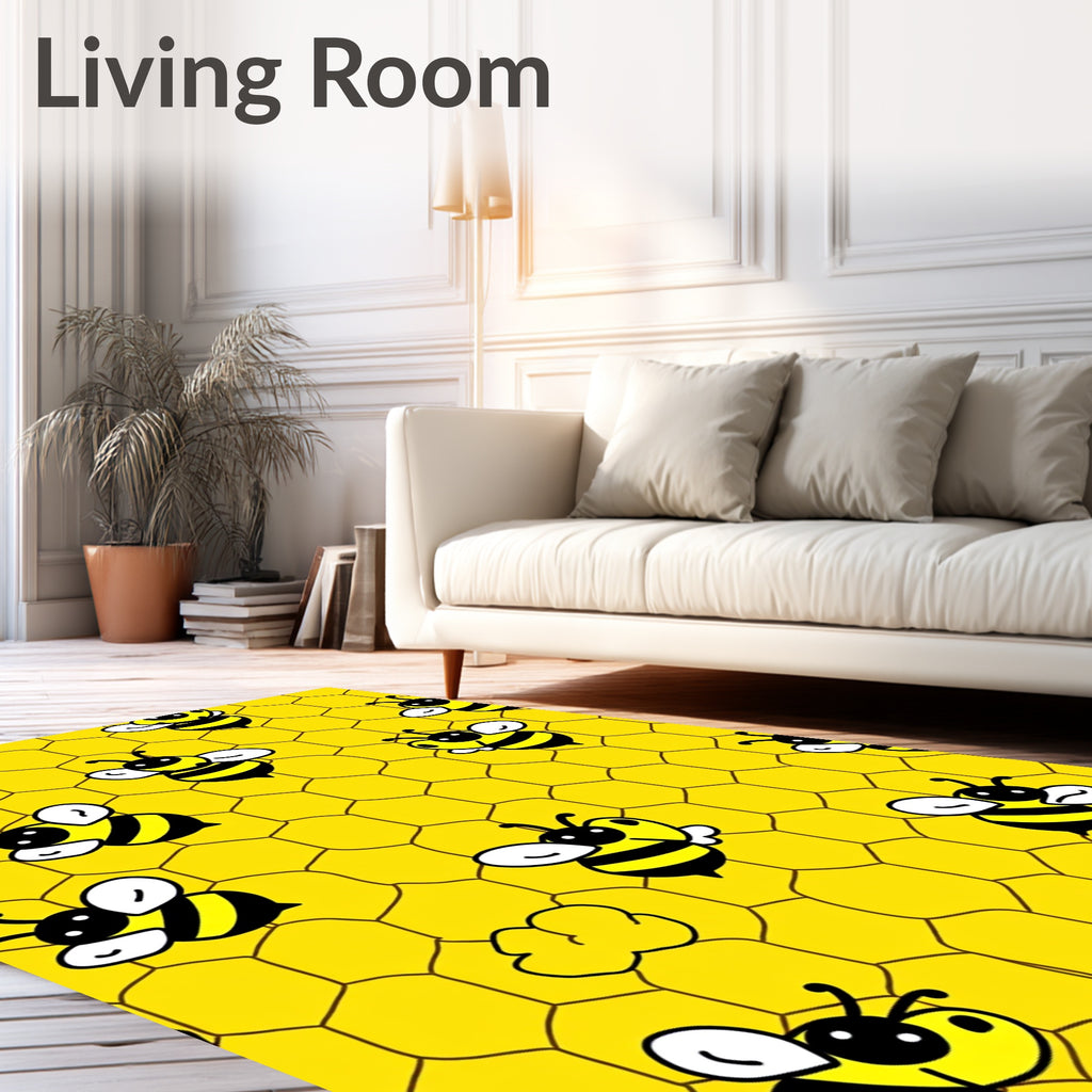 Playful Yellow Bee Hive Honeycomb Pattern Rug