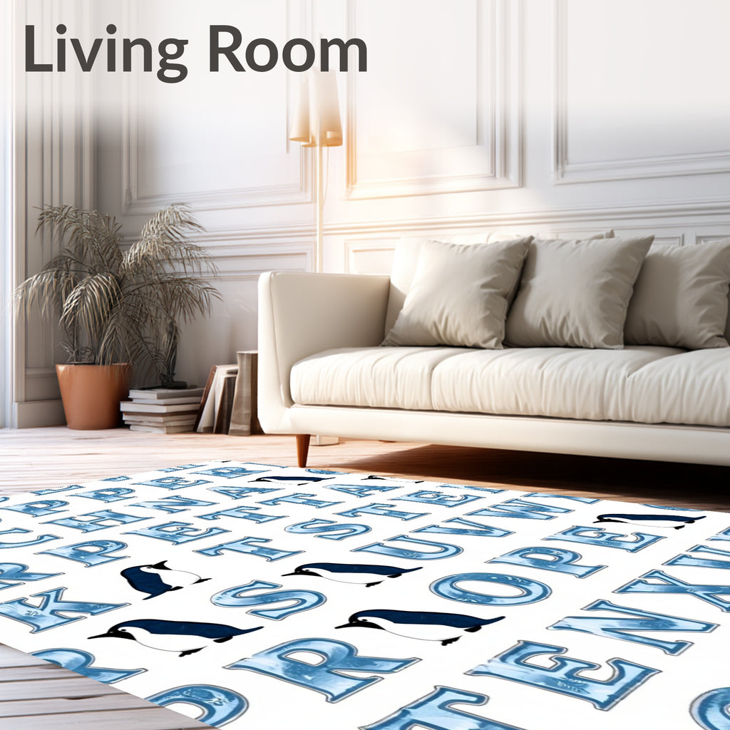 Blue Icy Alphabet Penguin Collage Rug