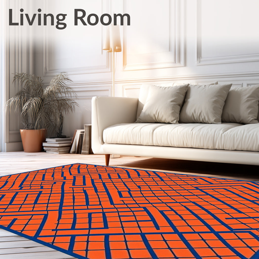Bold Orange Blue Interlocking Maze Rug