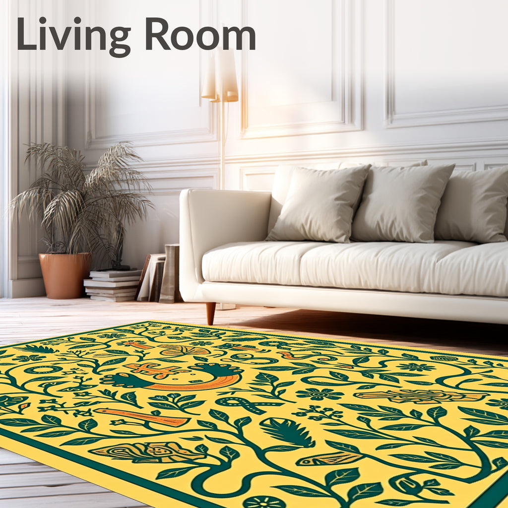 Whimsical Yellow Green Botanical Tapestry Rug