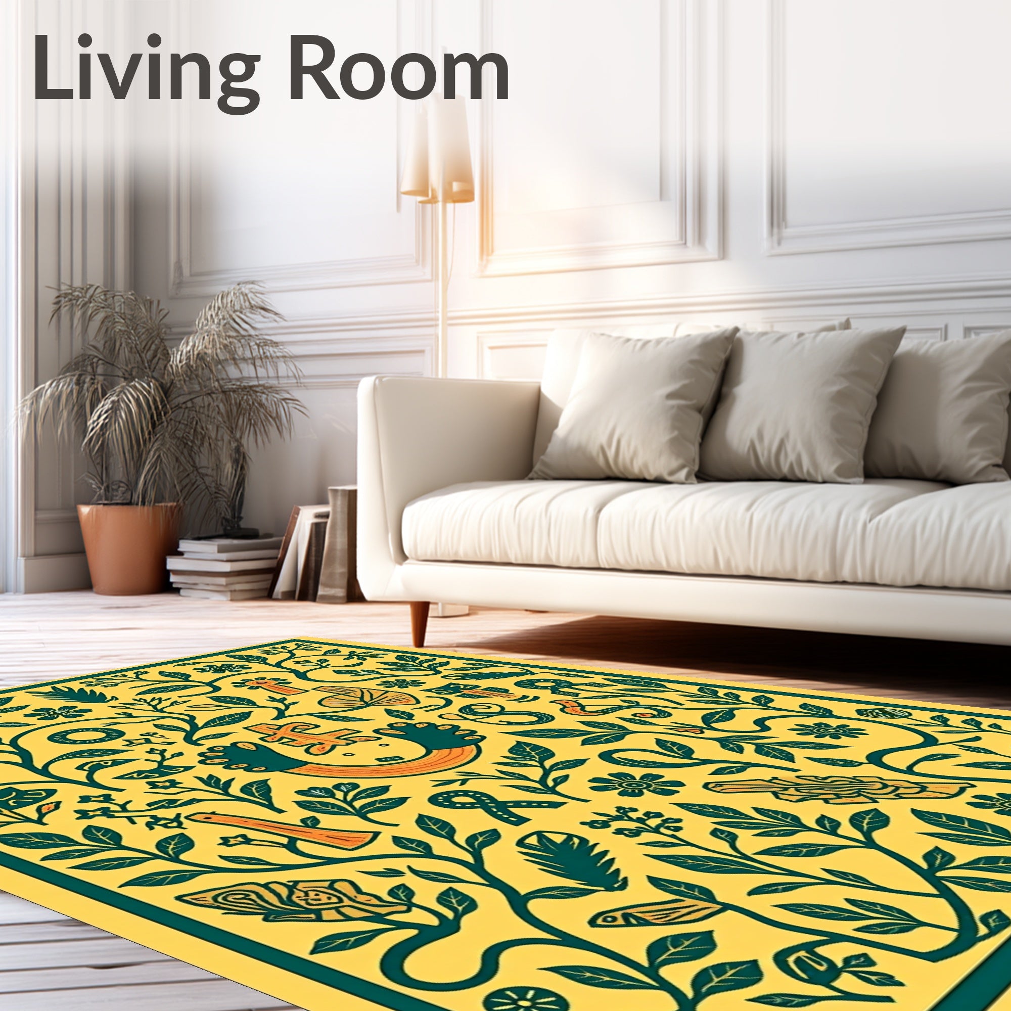 Whimsical Yellow Green Botanical Tapestry Rug