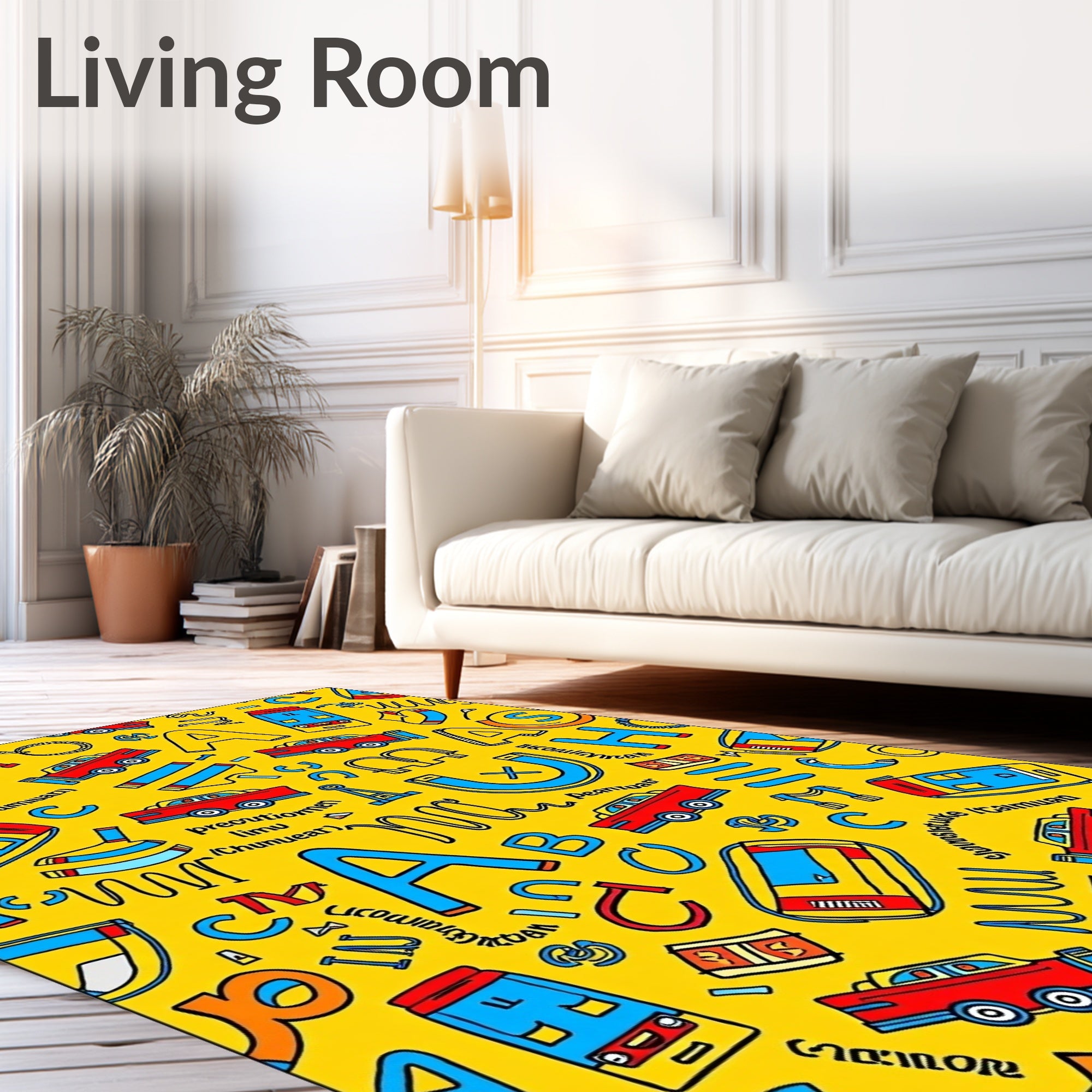 Bright Yellow Red Blue Alphabet Cars Rug