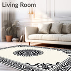 Black and Cream Geometric Medallion Border Rug
