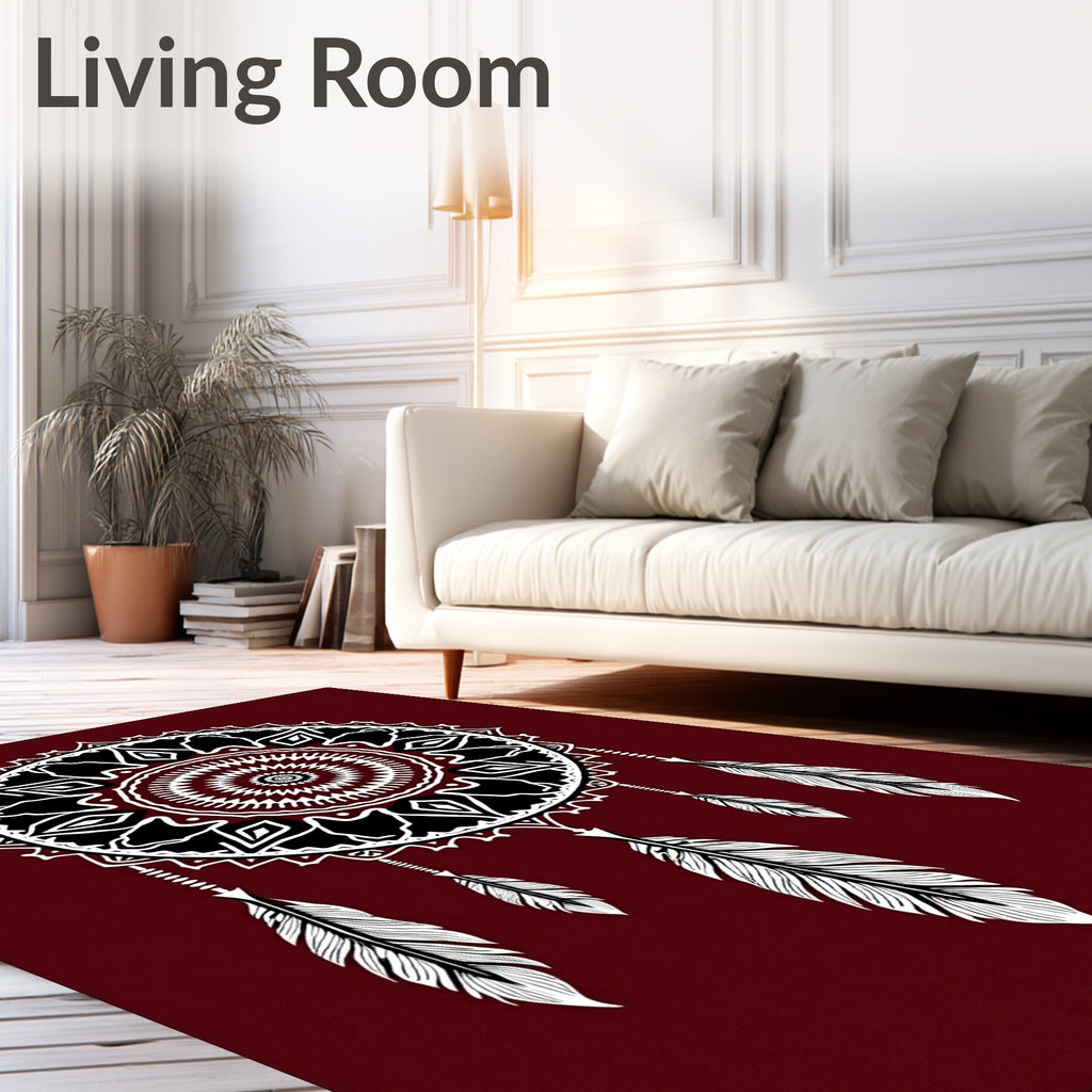 Crimson And White Feather Dreamcatcher Rug