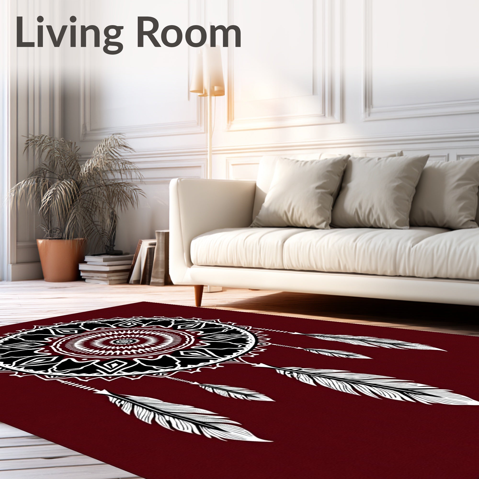 Crimson And White Feather Dreamcatcher Rug