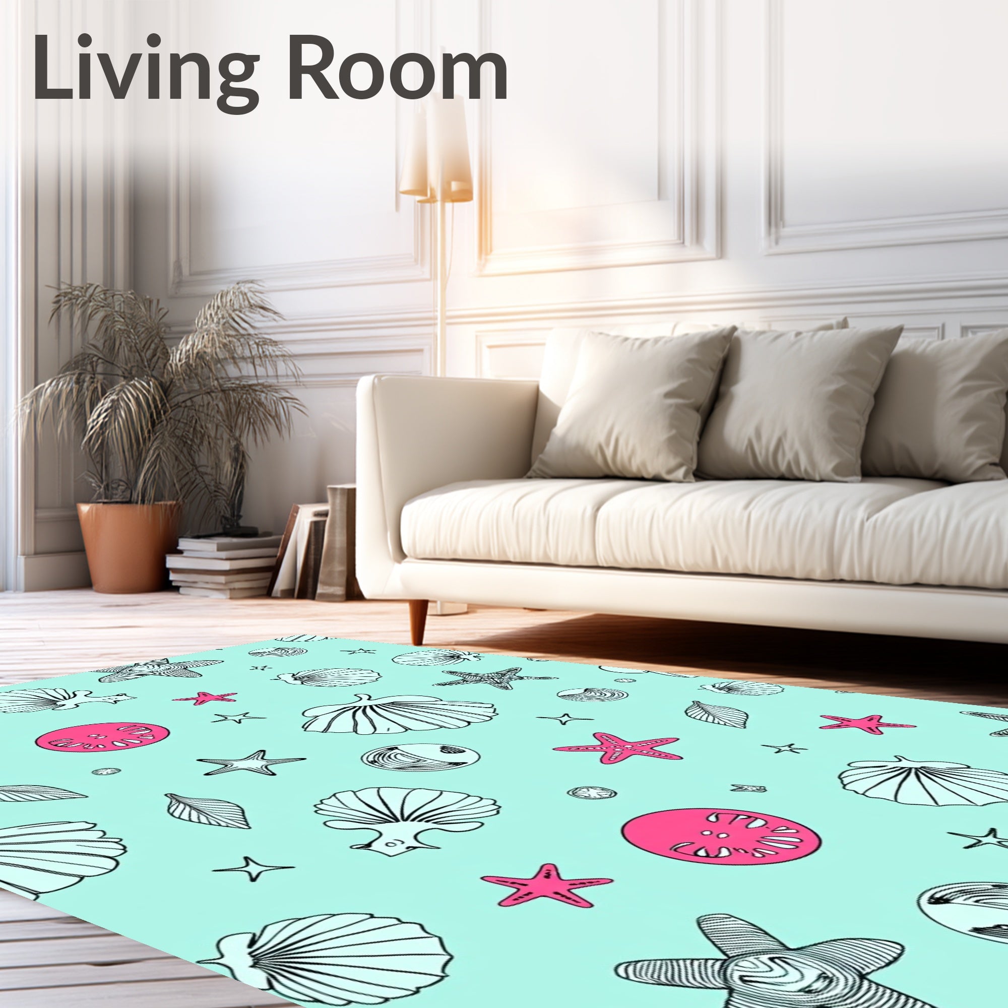 Coral Pink Seashell Starfish Assemblage Rug