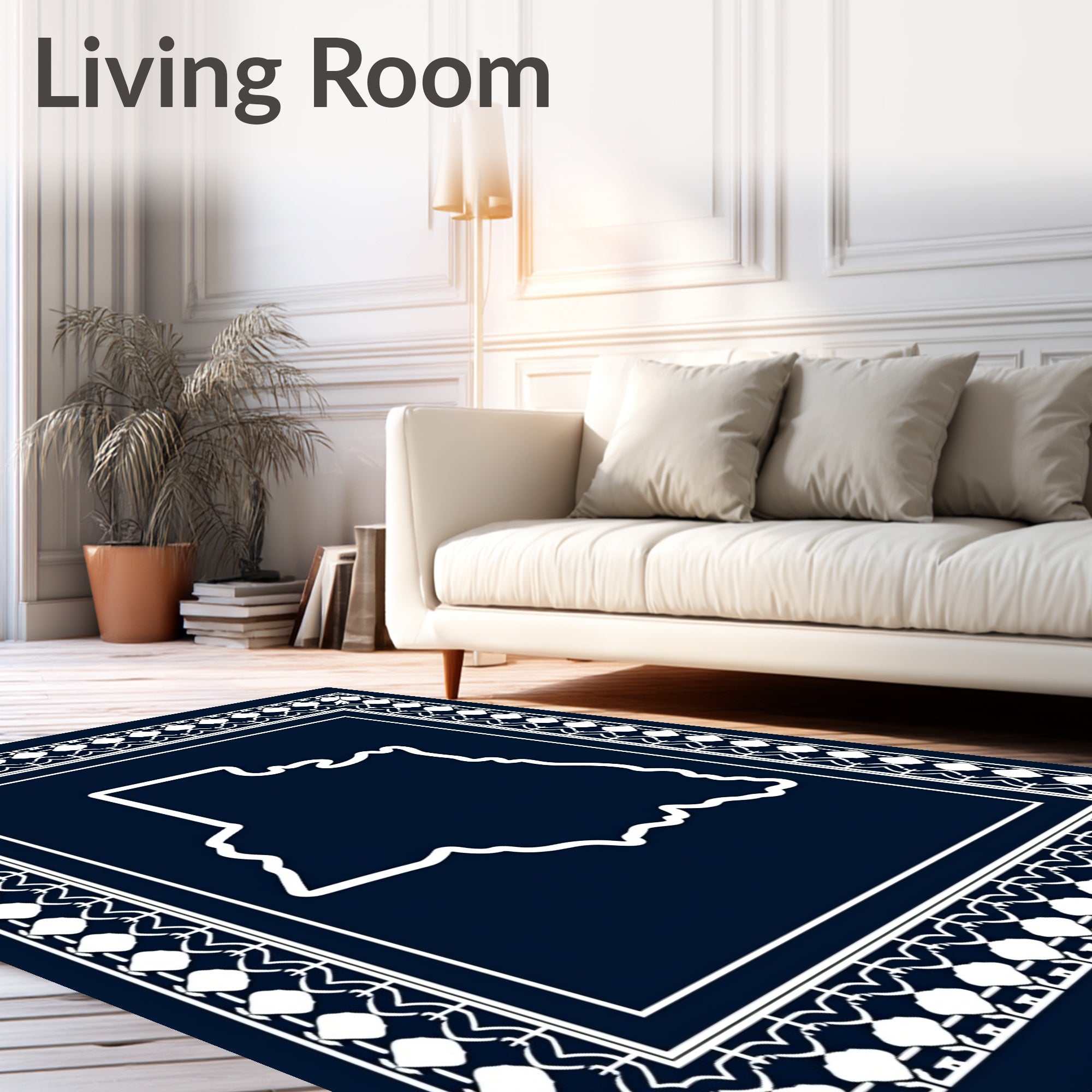 Deep Blue White Ornate Border Shape Rug