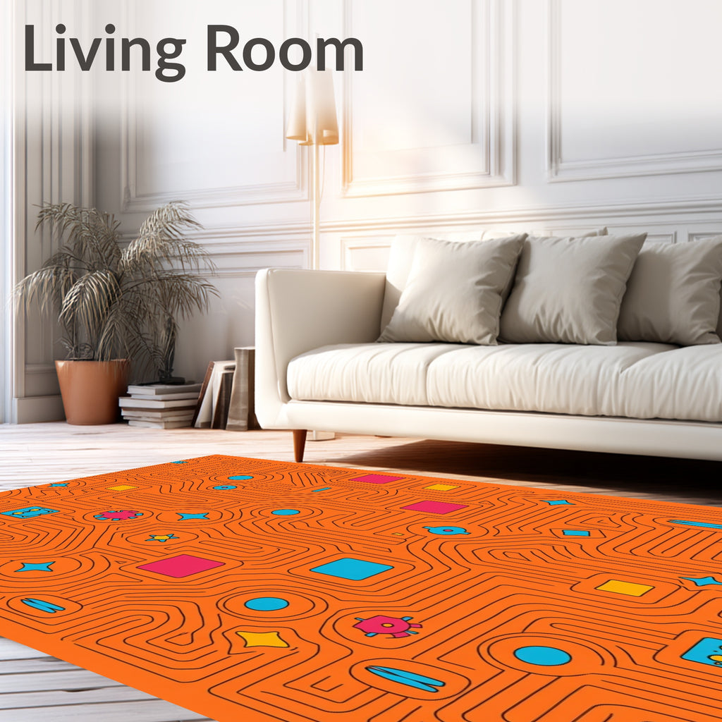 Retro Orange Circuit Board Shapes Rug