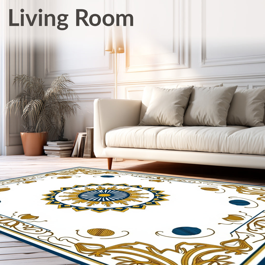 Golden Blue Sunburst Mandala Border Rug