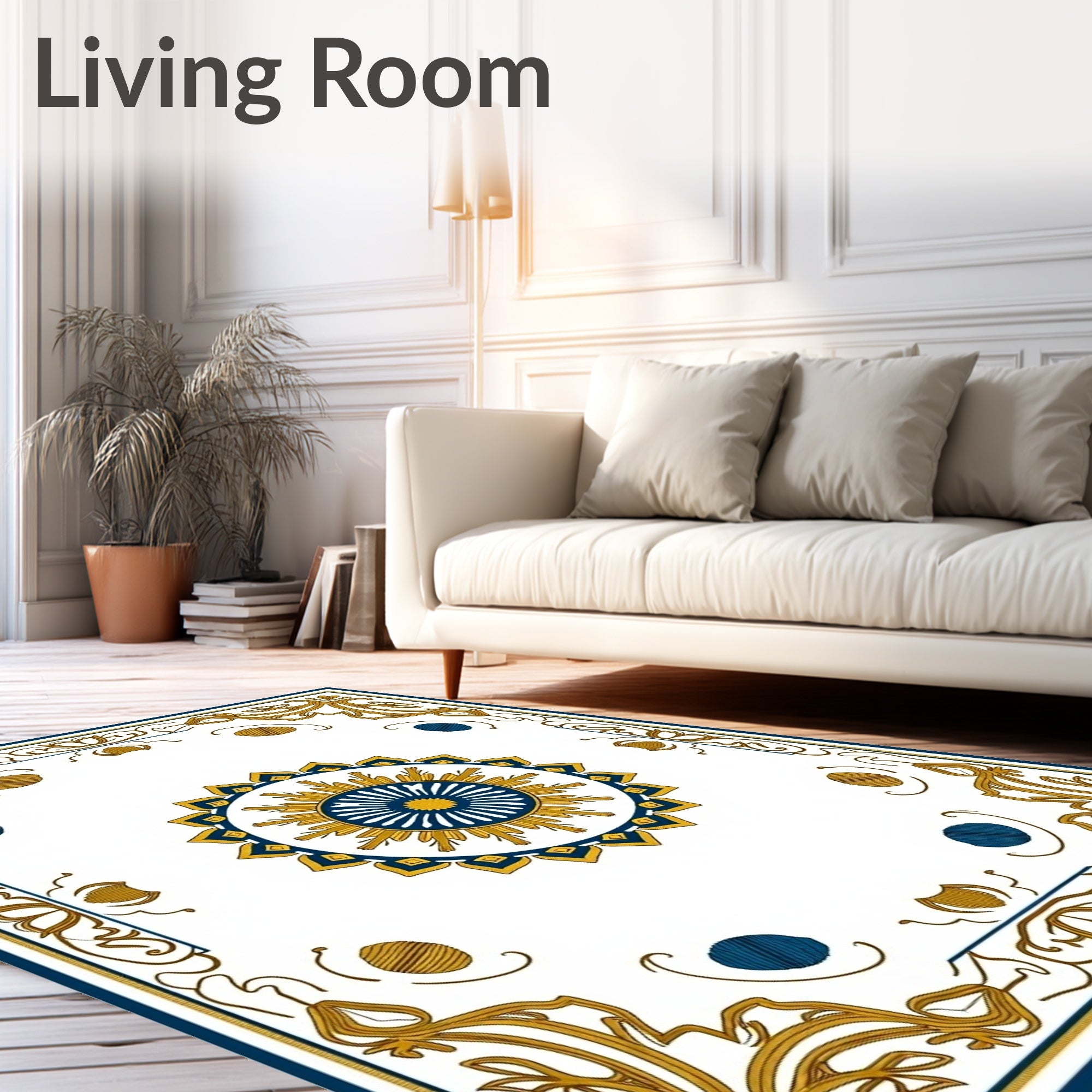 Golden Blue Sunburst Mandala Border Rug