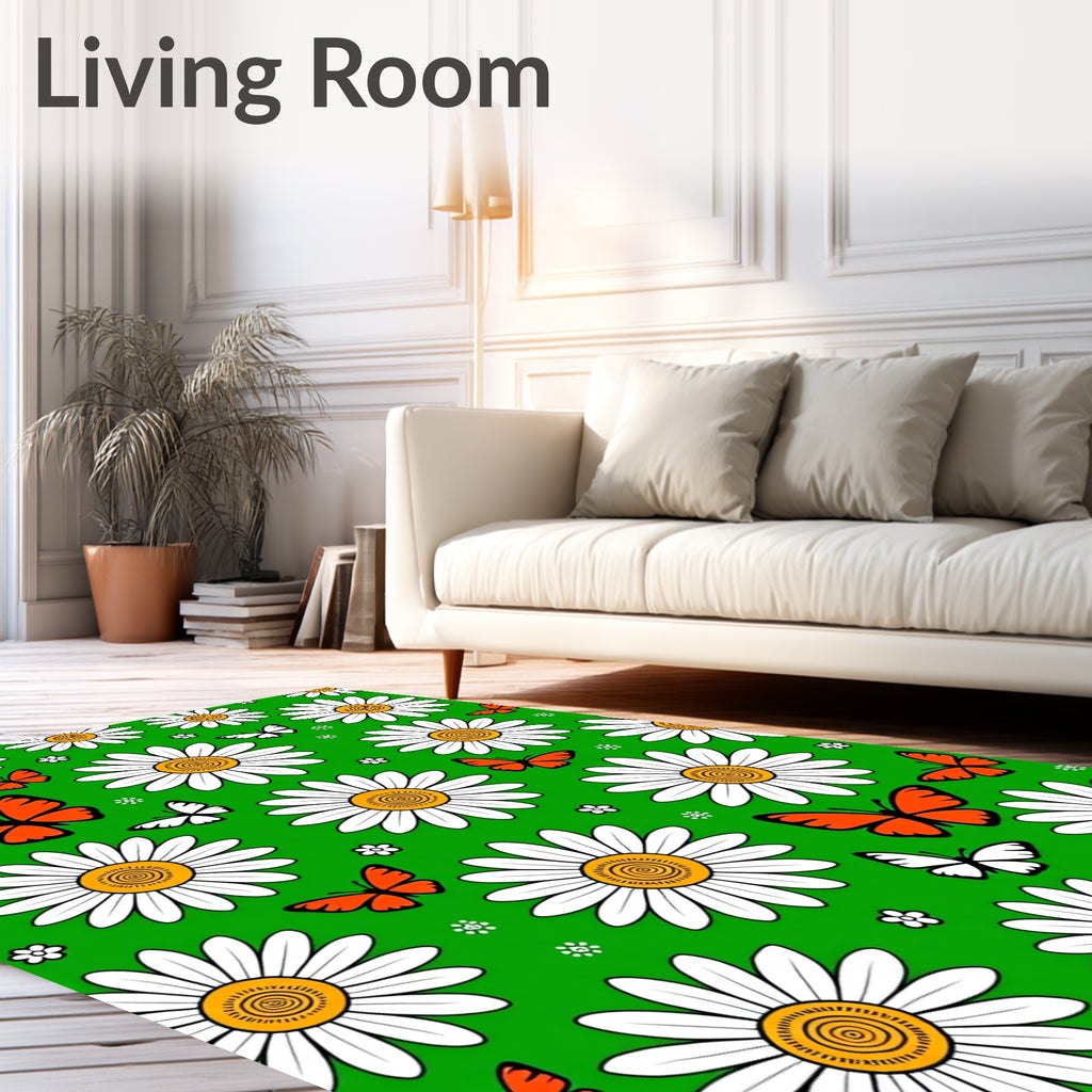 Whimsical Orange Butterflies Daisy Garden Rug