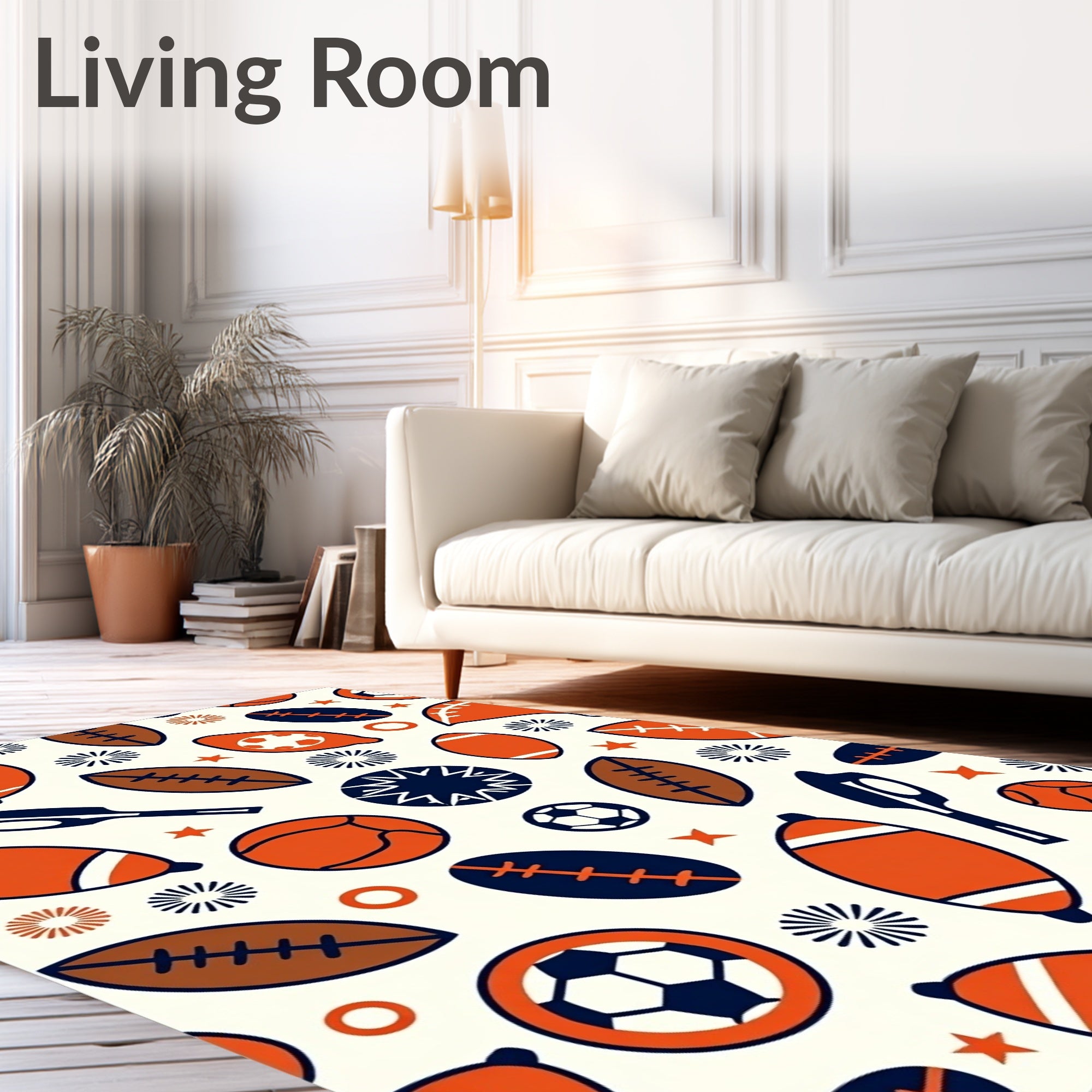 Orange Navy Sports Balls Collage Rug