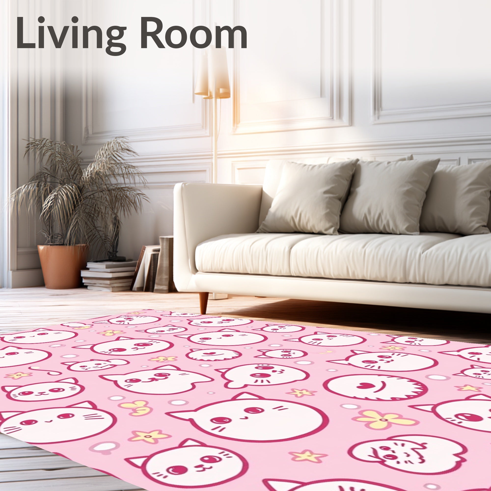 Pink Kawaii Cat Faces with Flowers Rug