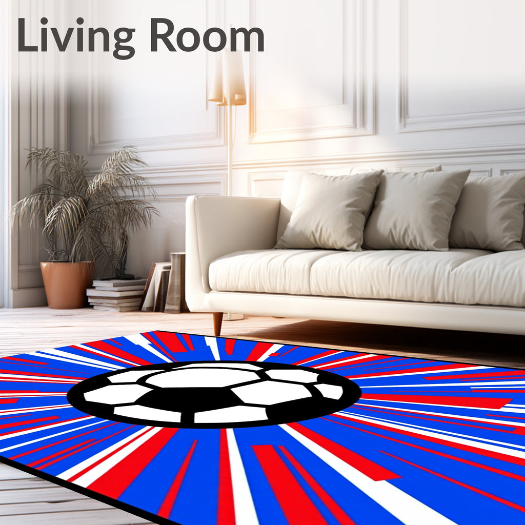 Explosive Soccer Ball Red White Blue Rays Rug