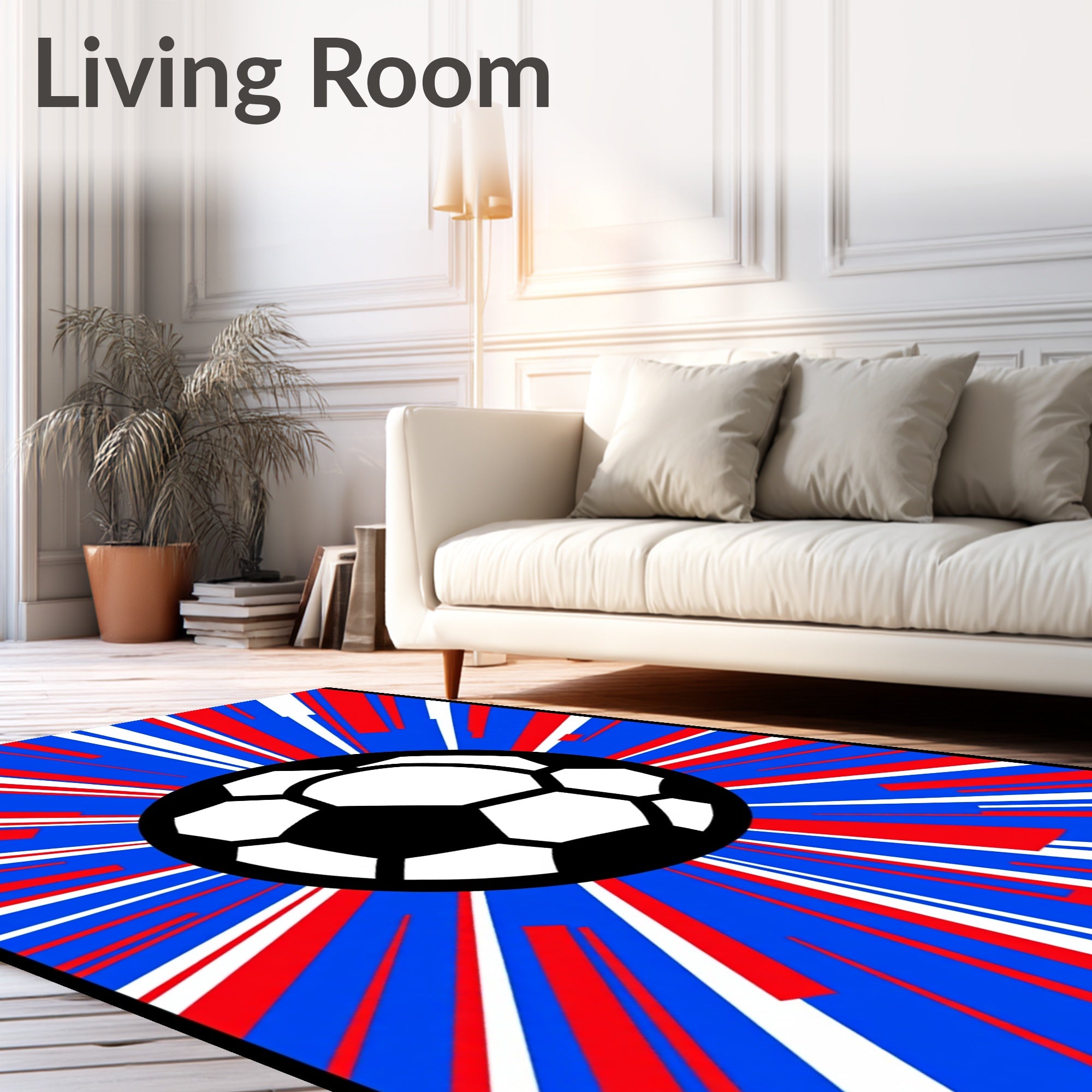 Explosive Soccer Ball Red White Blue Rays Rug
