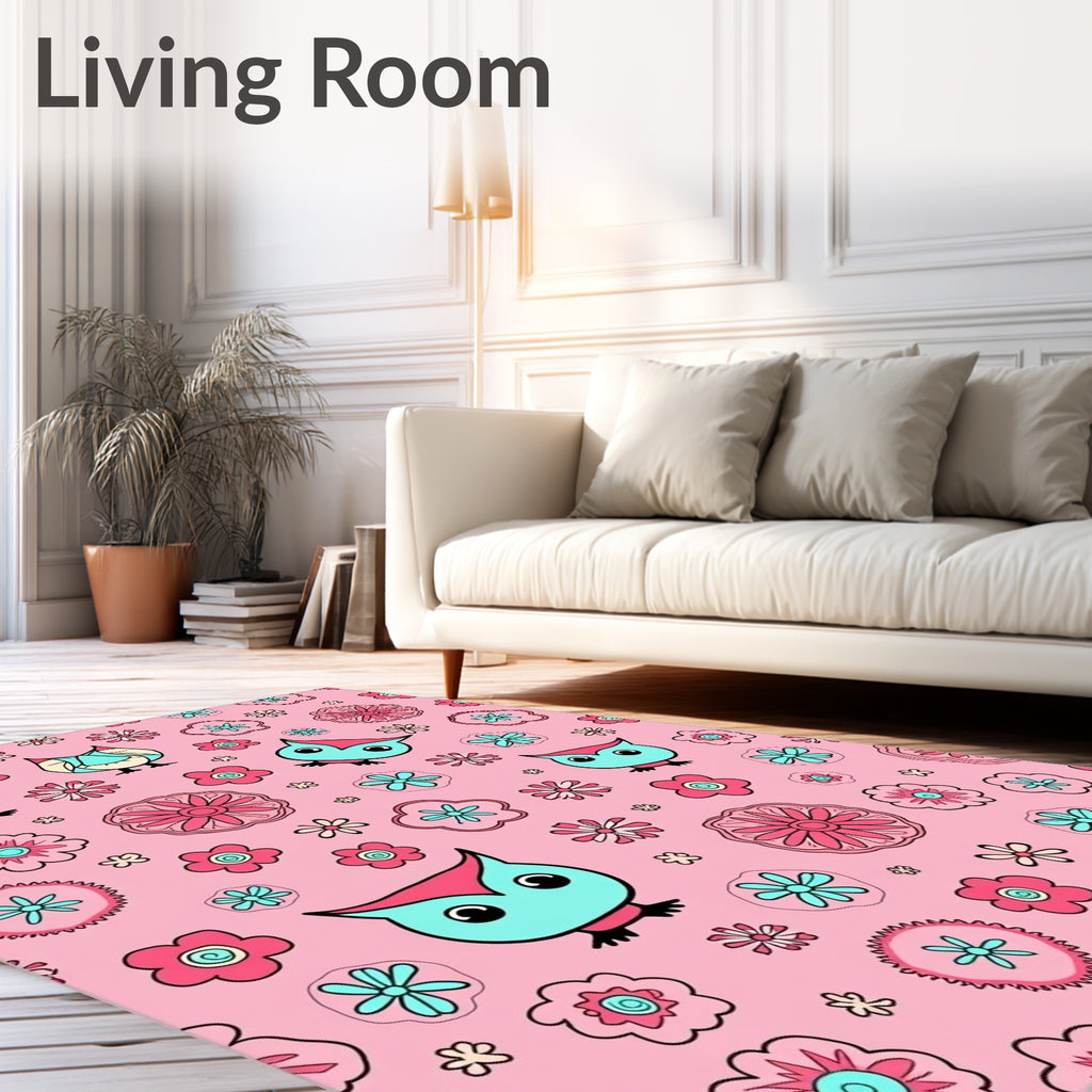 Cute Pink Owl Flower Garden Rug