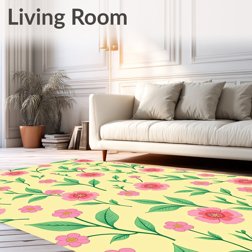 Pink Floral Garden Yellow Background Rug