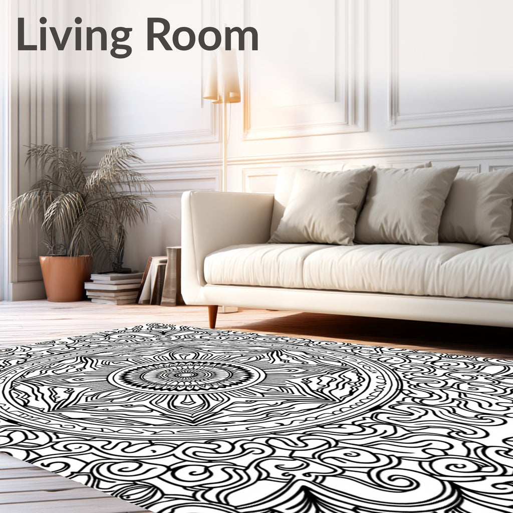 Black White Intricate Mandala Floral Rug