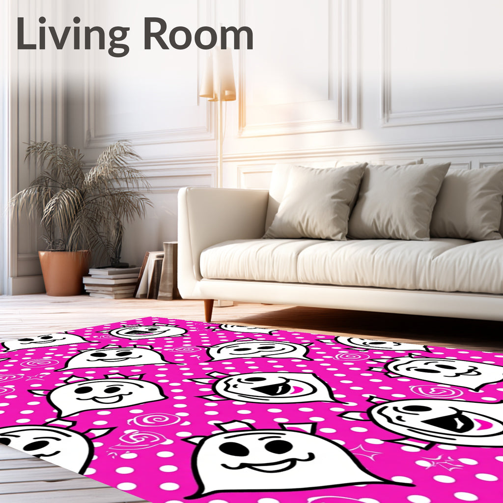 Whimsical Pink Ghost Polka Dot Rug