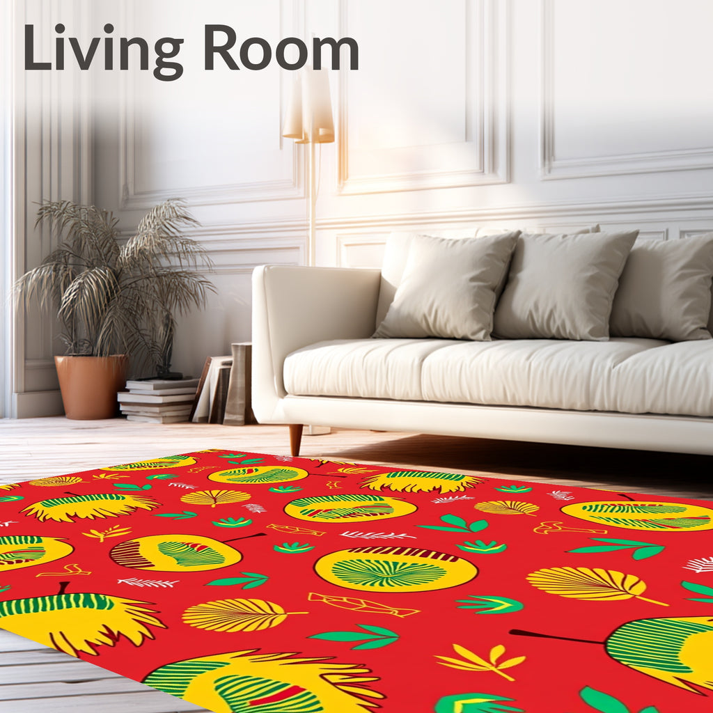 Vibrant Yellow Green Foliage Red Background Rug