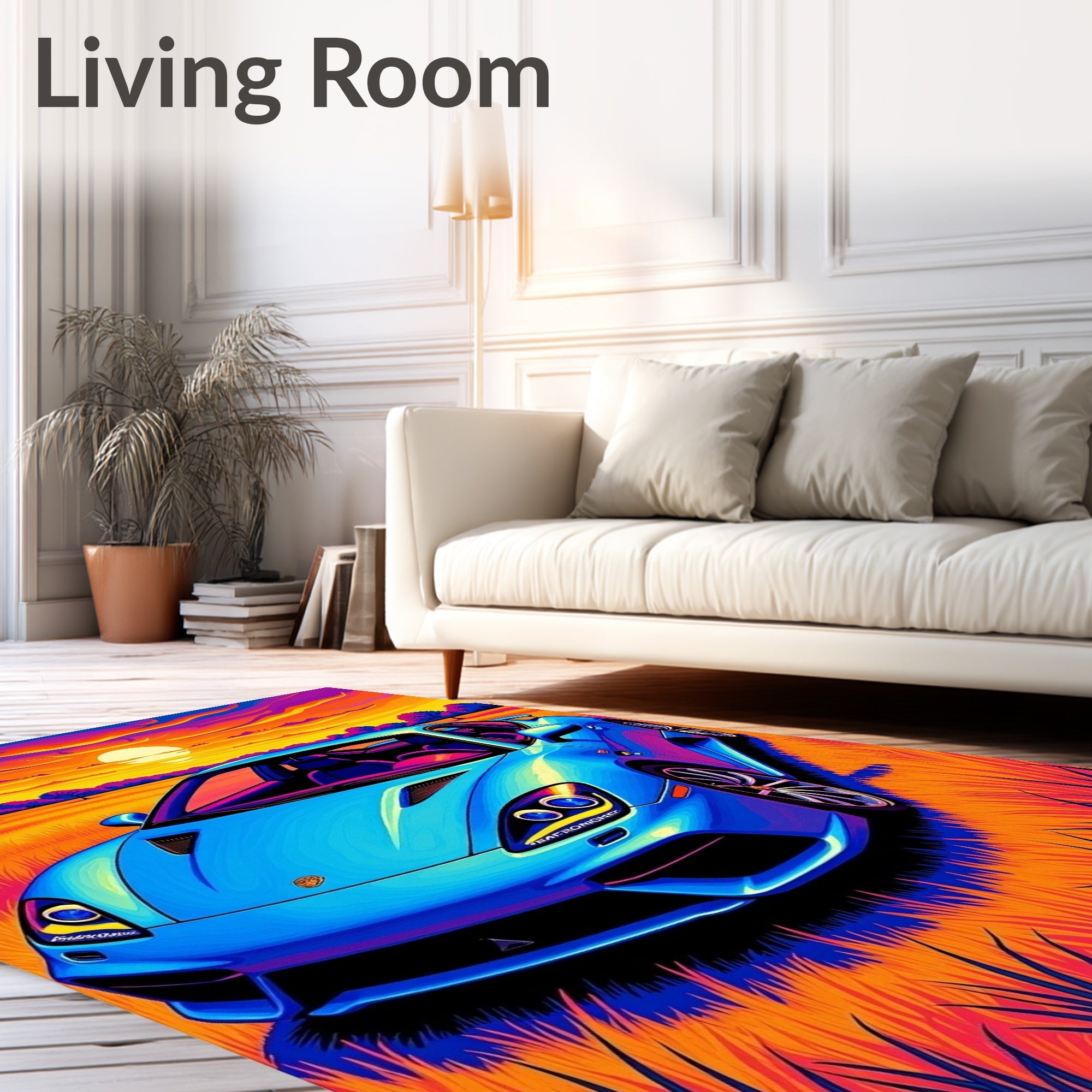 Vivid Blue Sports Car Sunset Landscape Rug
