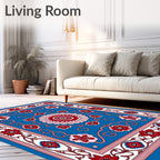 Bold Red Floral Medallion Blue Rug