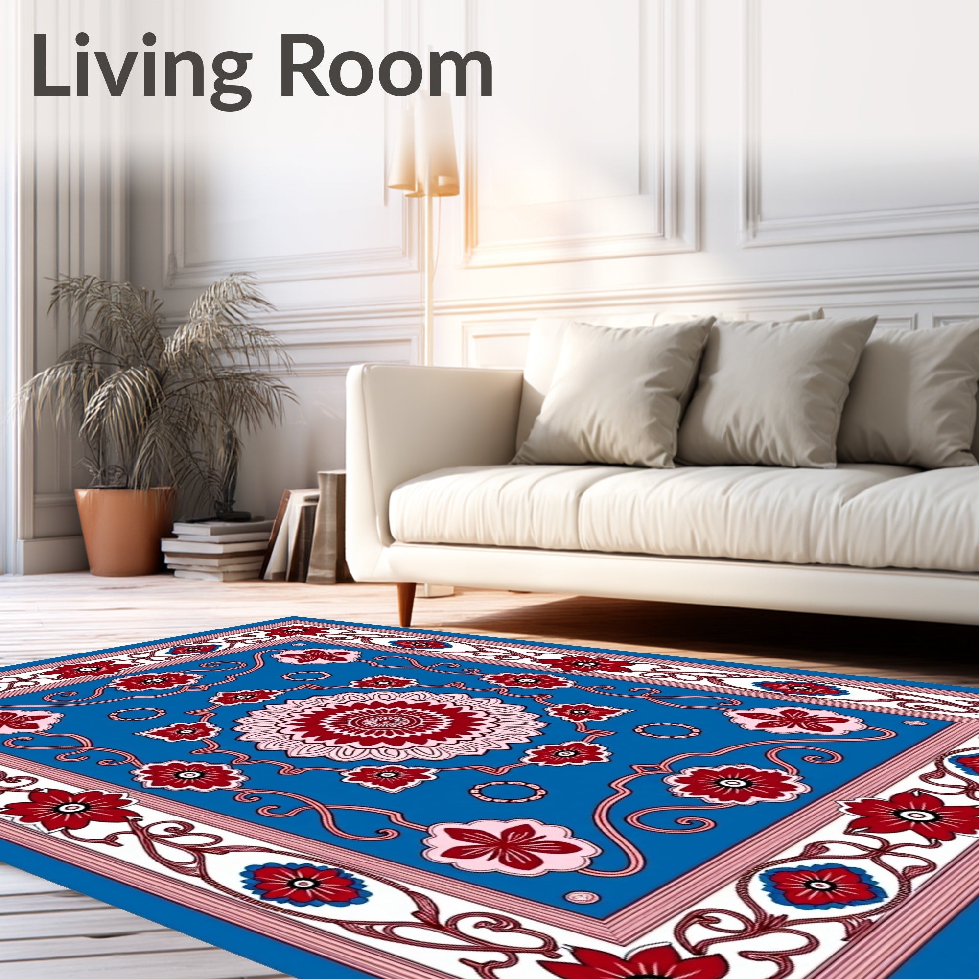 Bold Red Floral Medallion Blue Rug
