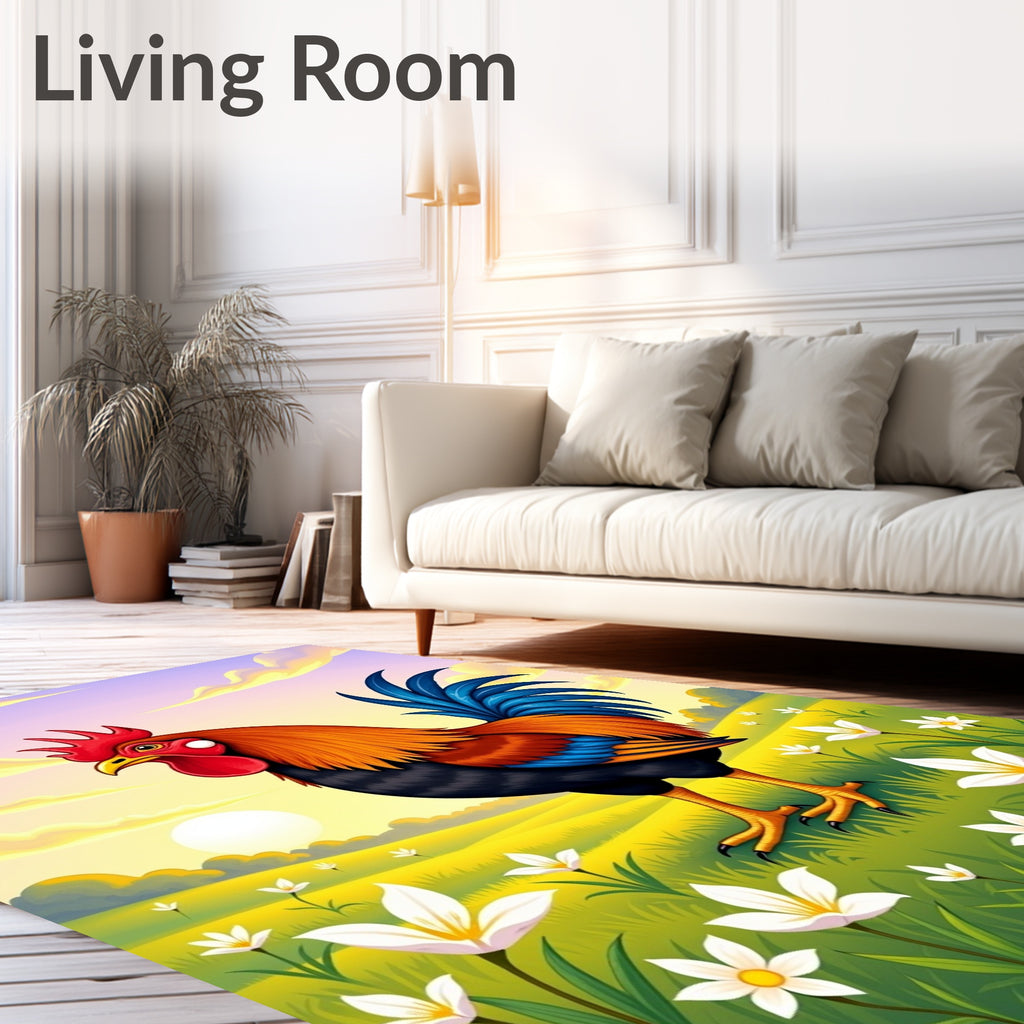 Vibrant Rooster Amidst Blooming Field Rug
