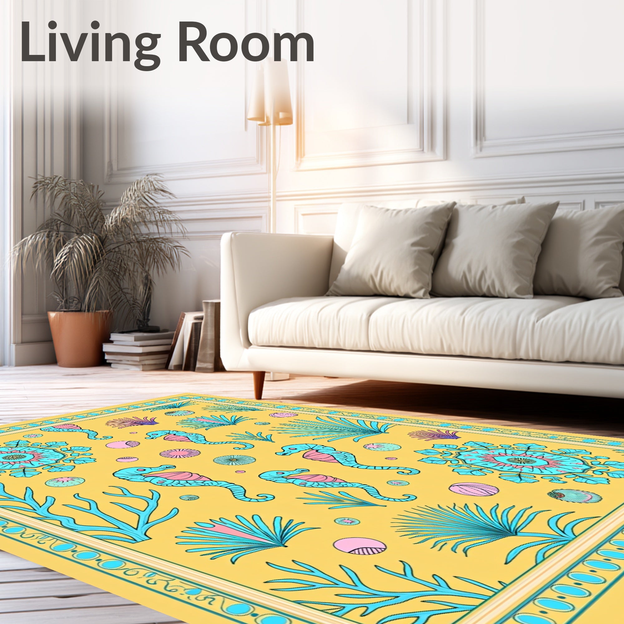 Aquamarine Seahorses Yellow Tropical Mandala Rug