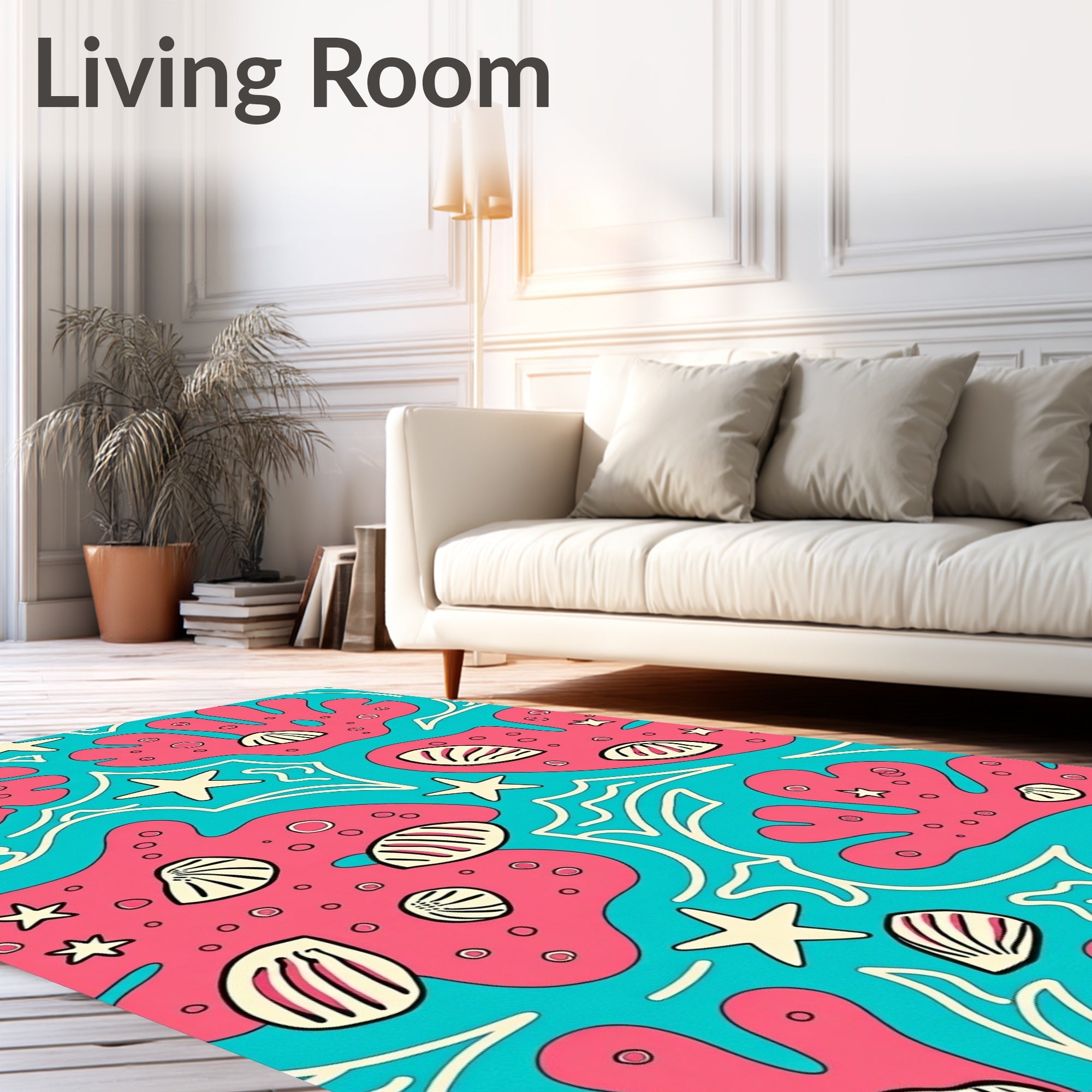 Coral Pink Teal Seashell Starfish Rug