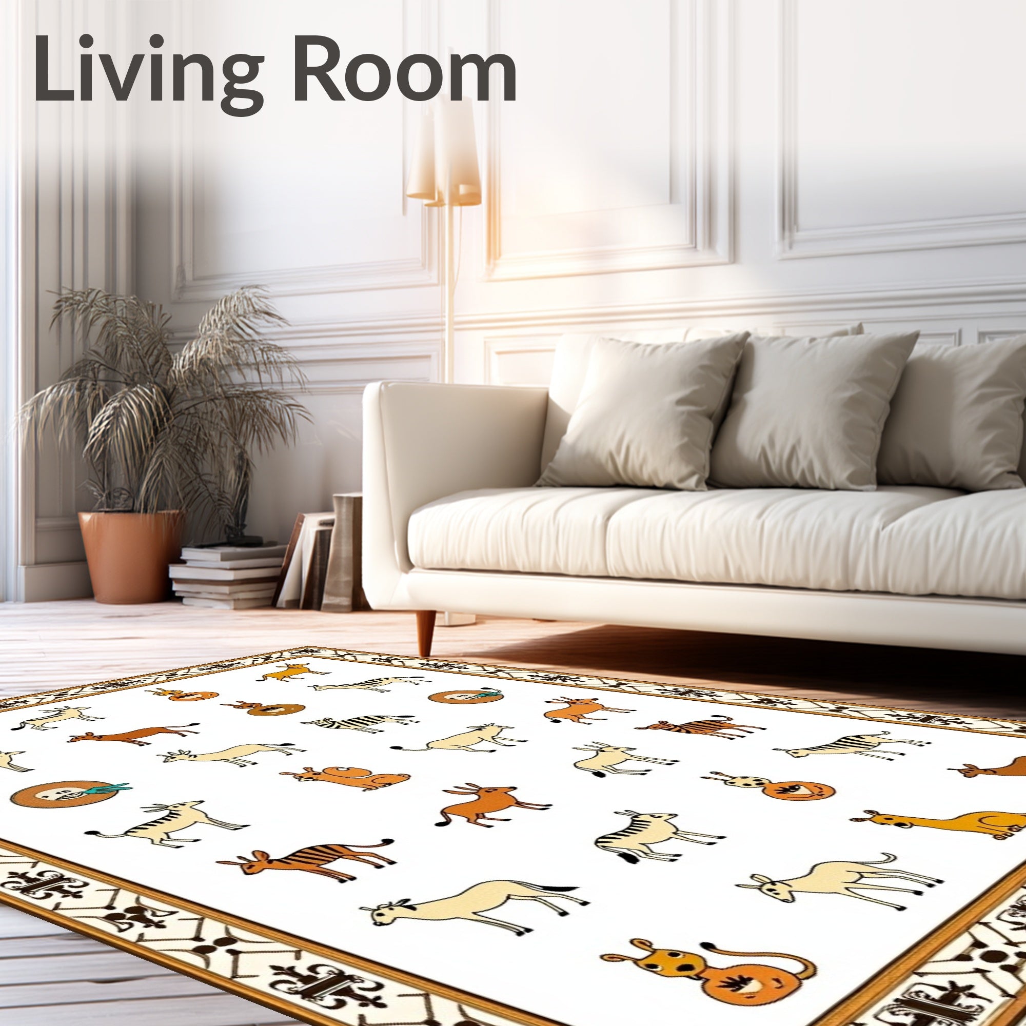 Whimsical Animals Bordered Ivory Rug