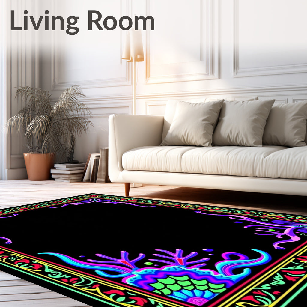 Vibrant Neon Ocean Flora Frame Rug