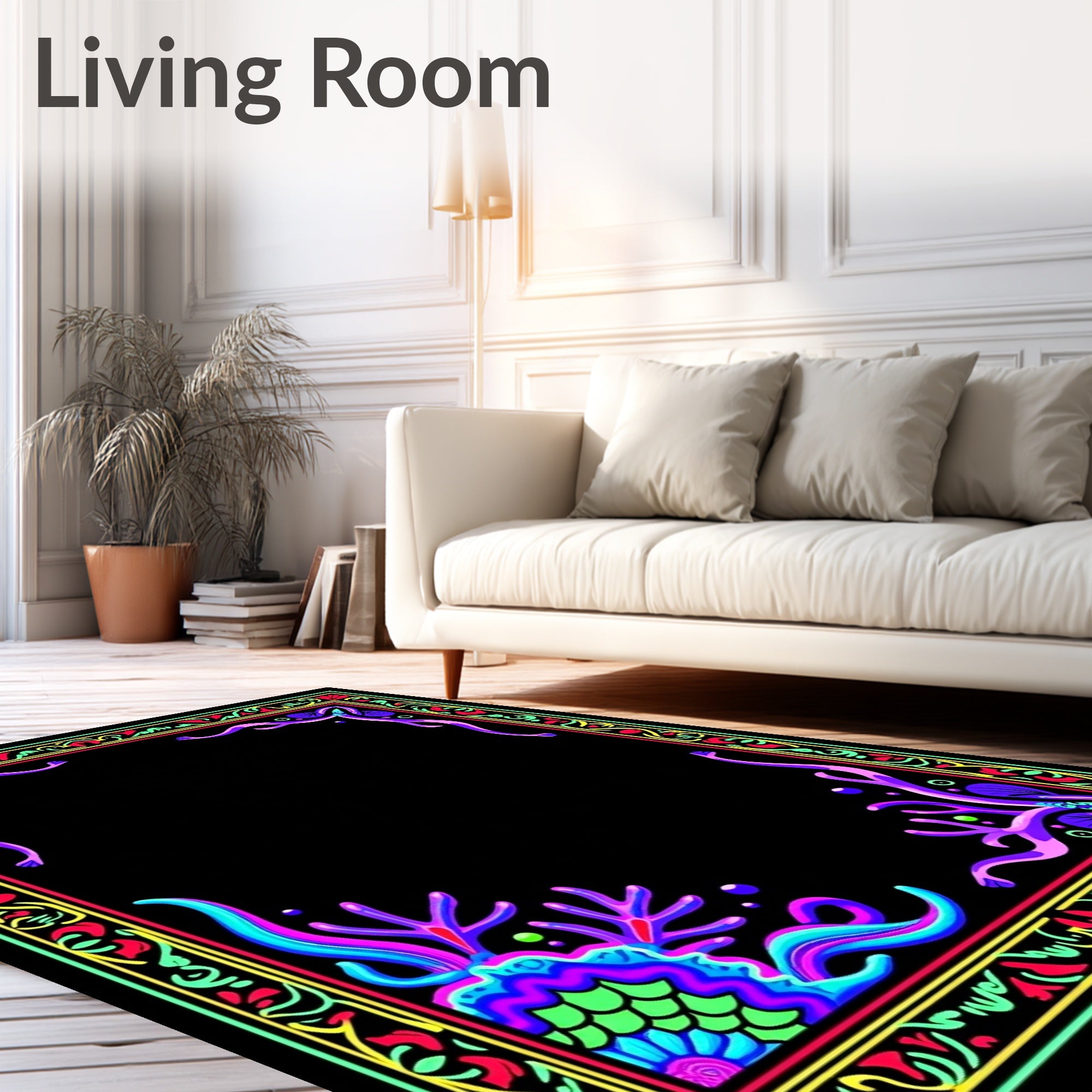 Vibrant Neon Ocean Flora Frame Rug