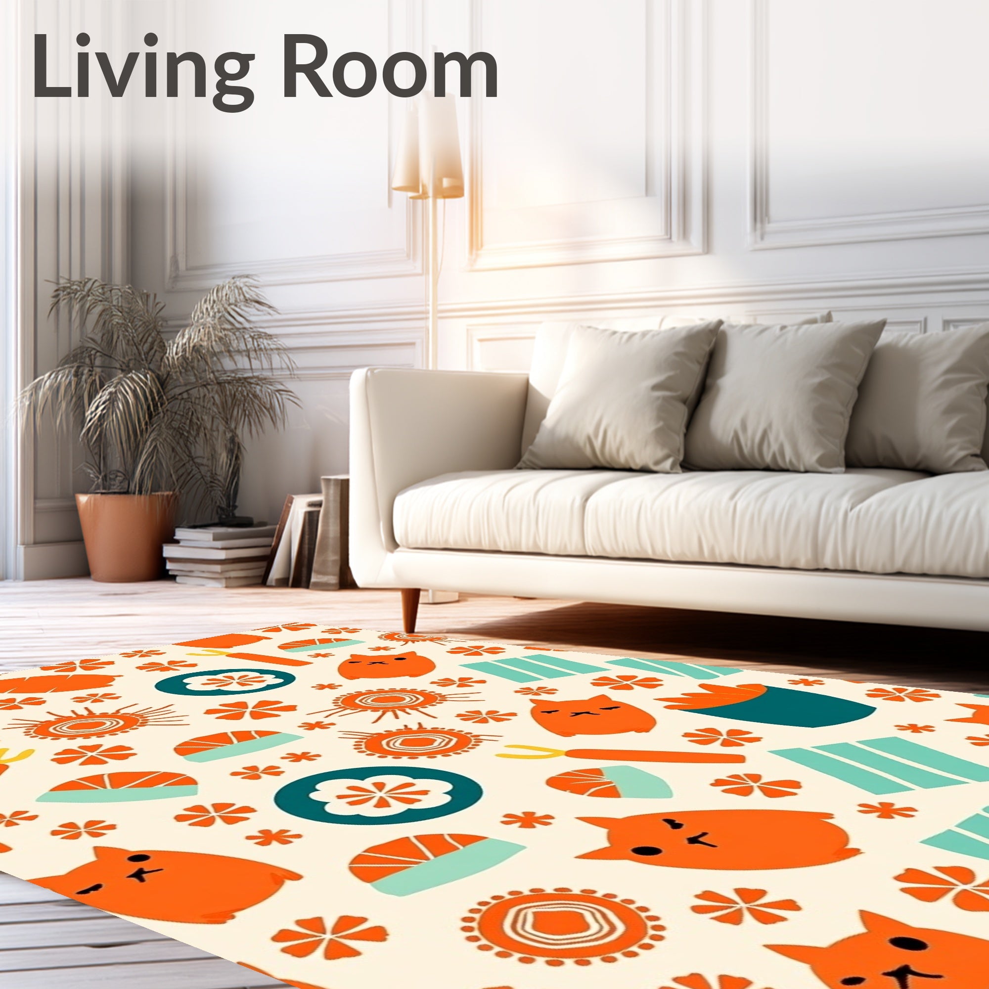 Orange Cat Sushi Floral Medallion Rug