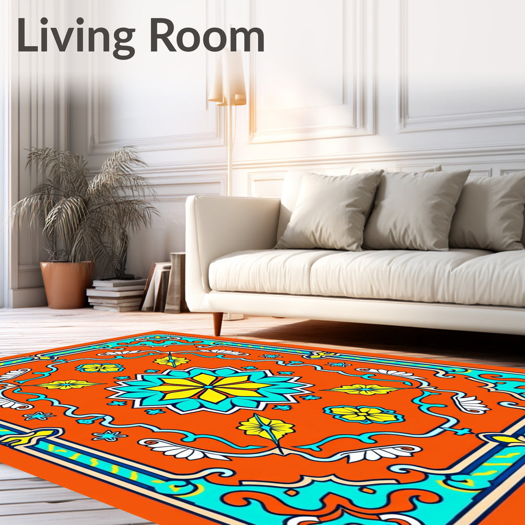 Radiant Orange Geometric Floral Art Rug