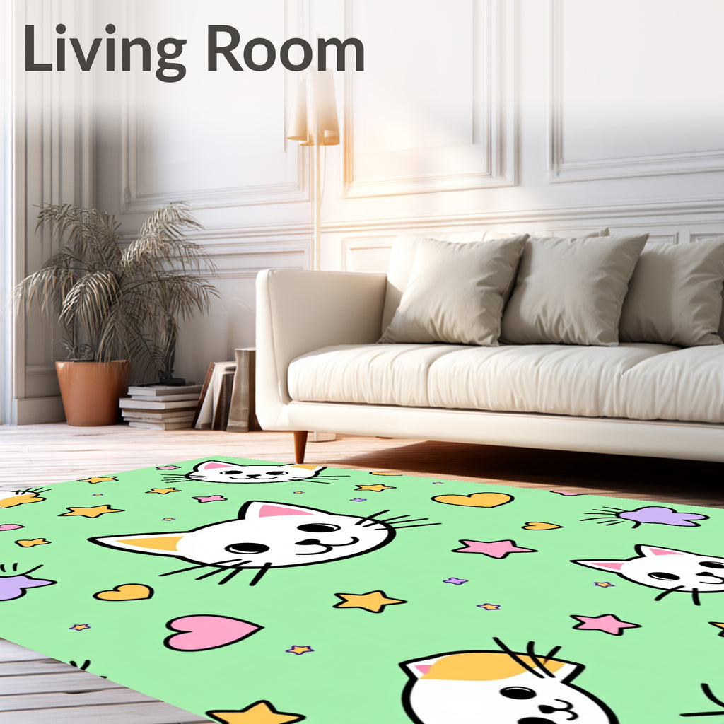 Cute Whimsical Cat Star Hearts Print Rug