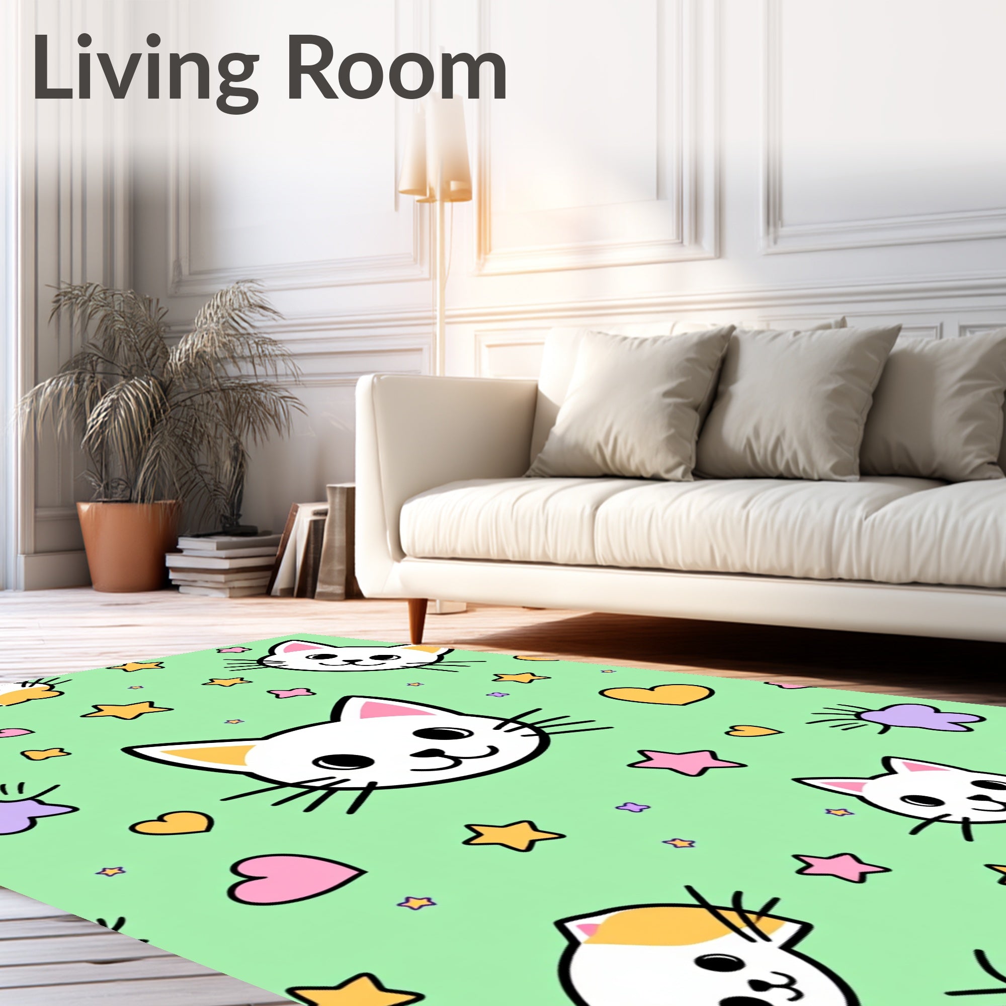 Cute Whimsical Cat Star Hearts Print Rug