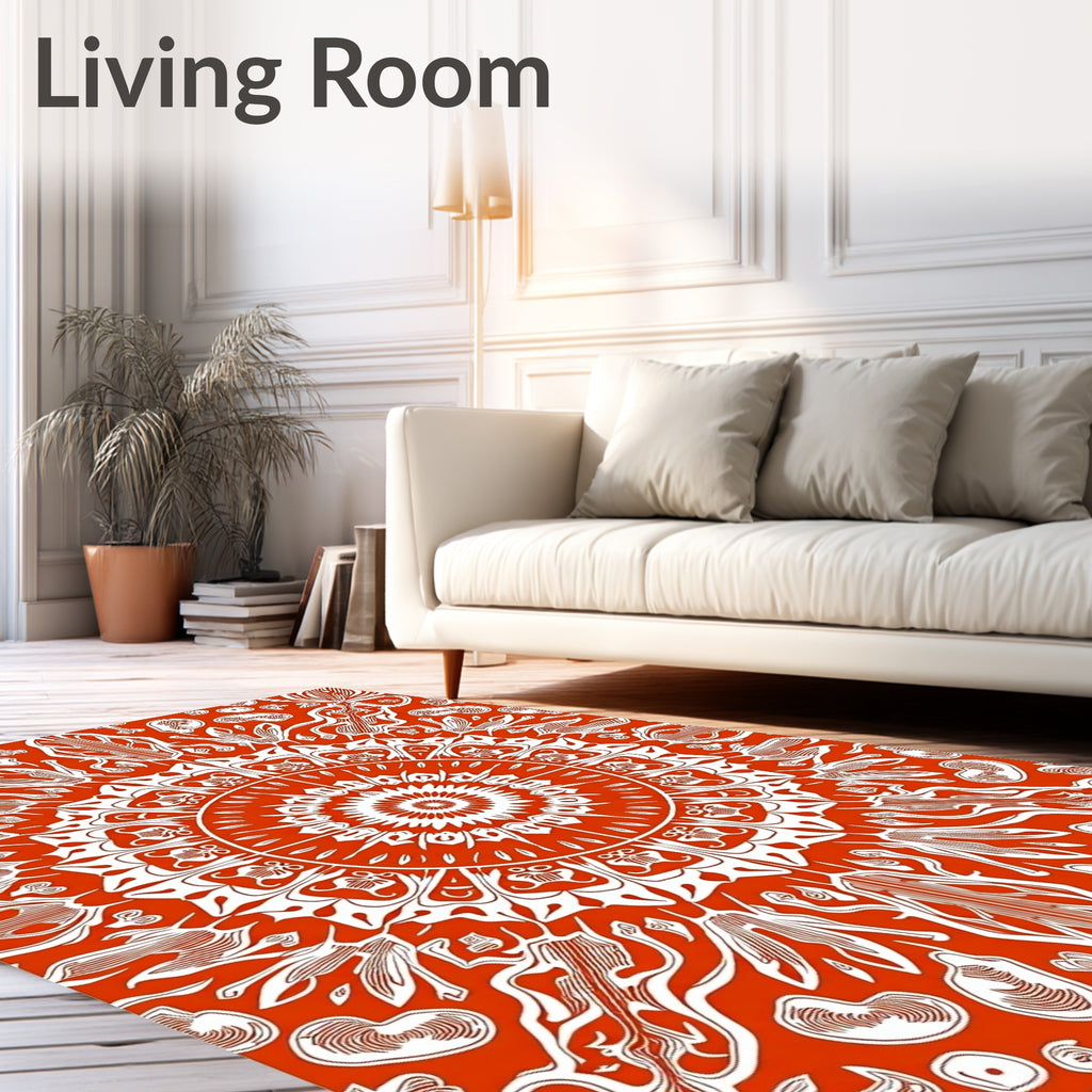 Vibrant Orange White Mandala Art Rug