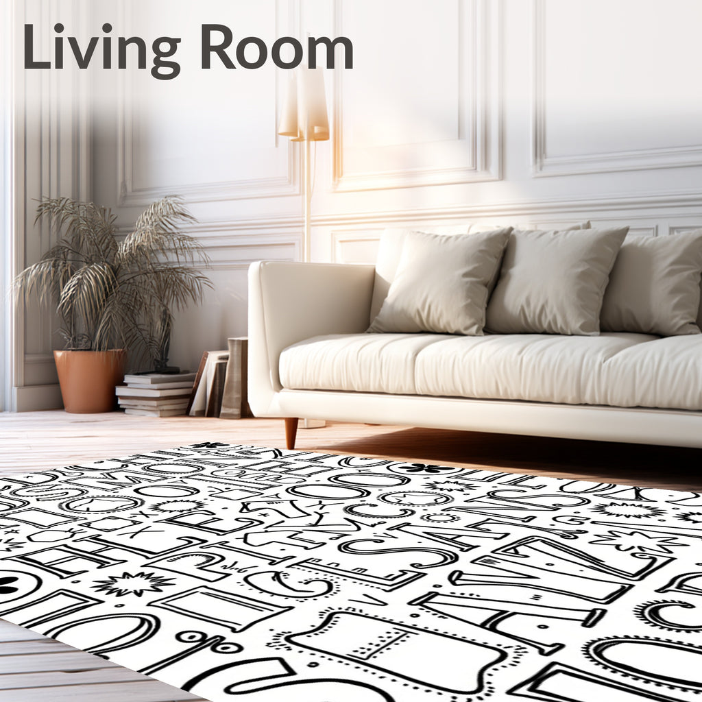 Black White Hand Drawn Alphabet Collage Rug