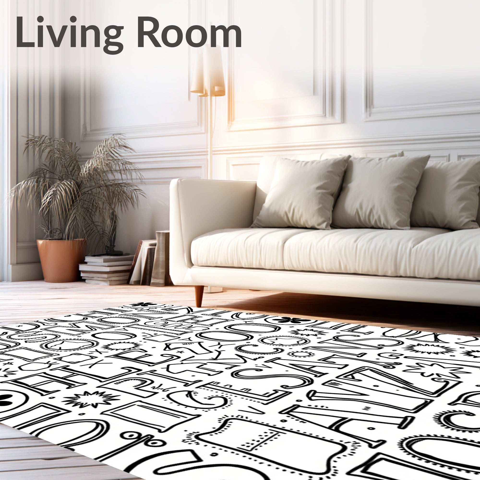 Black White Hand Drawn Alphabet Collage Rug