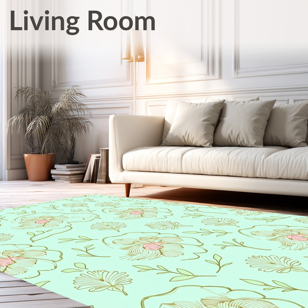 Pastel Mint Floral Line Art Rug