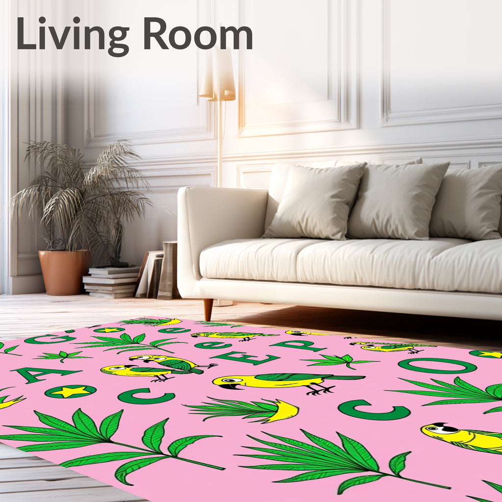 Whimsical Yellow Parrots Green Leaves Rug