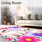 Cute Puppies Pink Purple Floral Border Rug